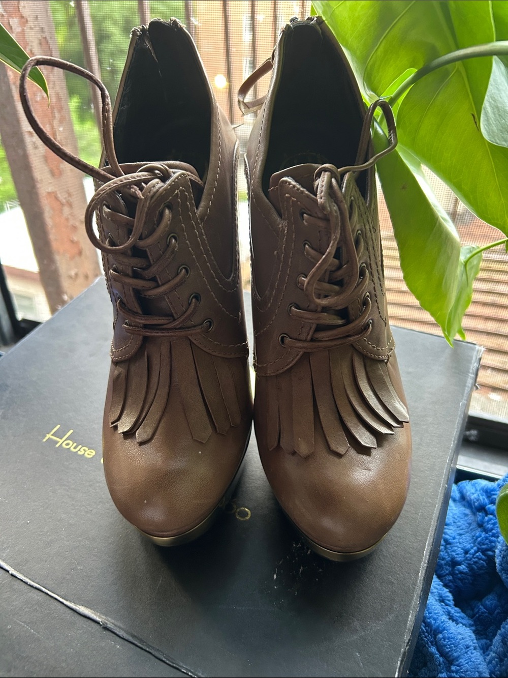 House of Harlow 1960 Brown Fringe Lace-Up Heeled Booties BRAND NEW IN BOX UNWORN